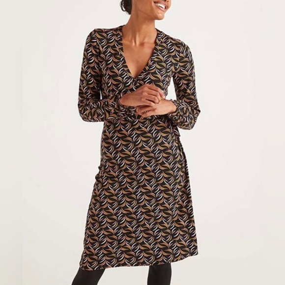 Boden Elodie Wrap Dress Long Sleeve Jersey Black Pink Gold Floret Print Size 10L - Picture 2 of 13